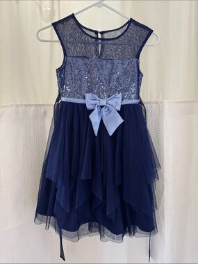 Jona Michelle Navy and Light Blue Sequin Bow Tulle Dress